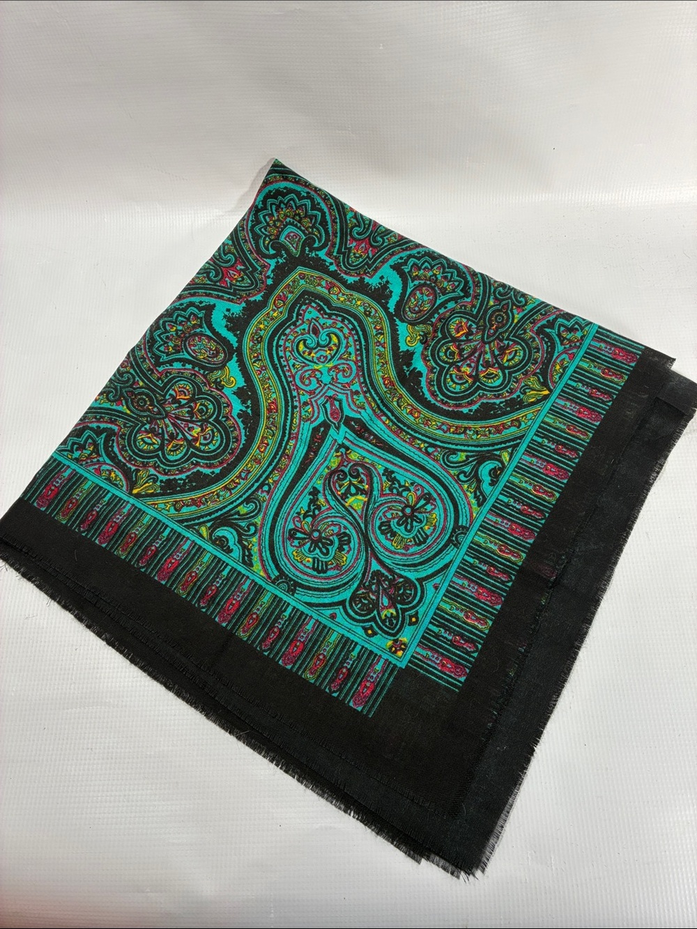 VTG Tie Rack Cinzia Fiori Teal Paisley Square Scarf Eyelash Fringe